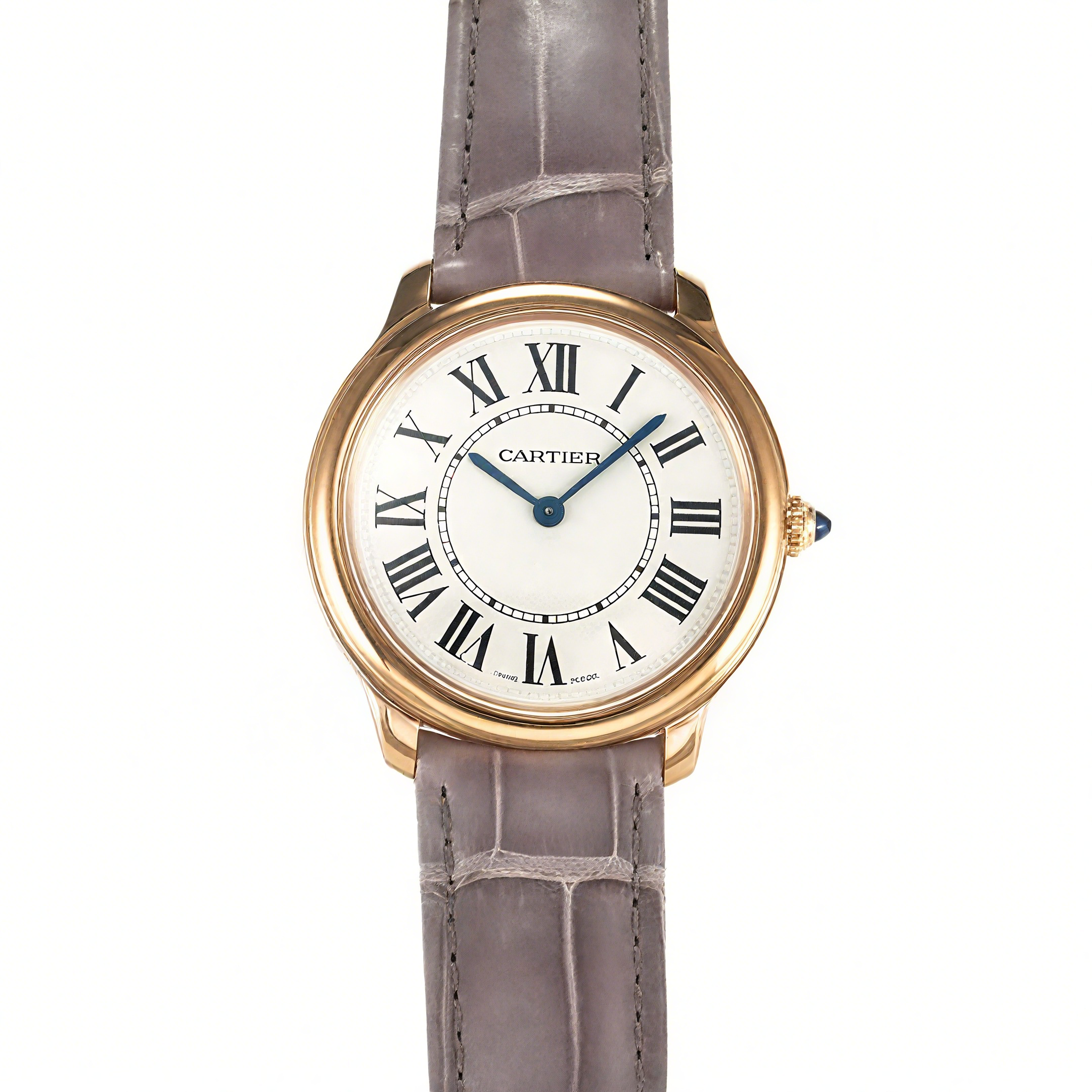 Cartier Ronde Must De Cartier 36mm White Dial in Rose Gold on Grey Leather Strap-fasswatch