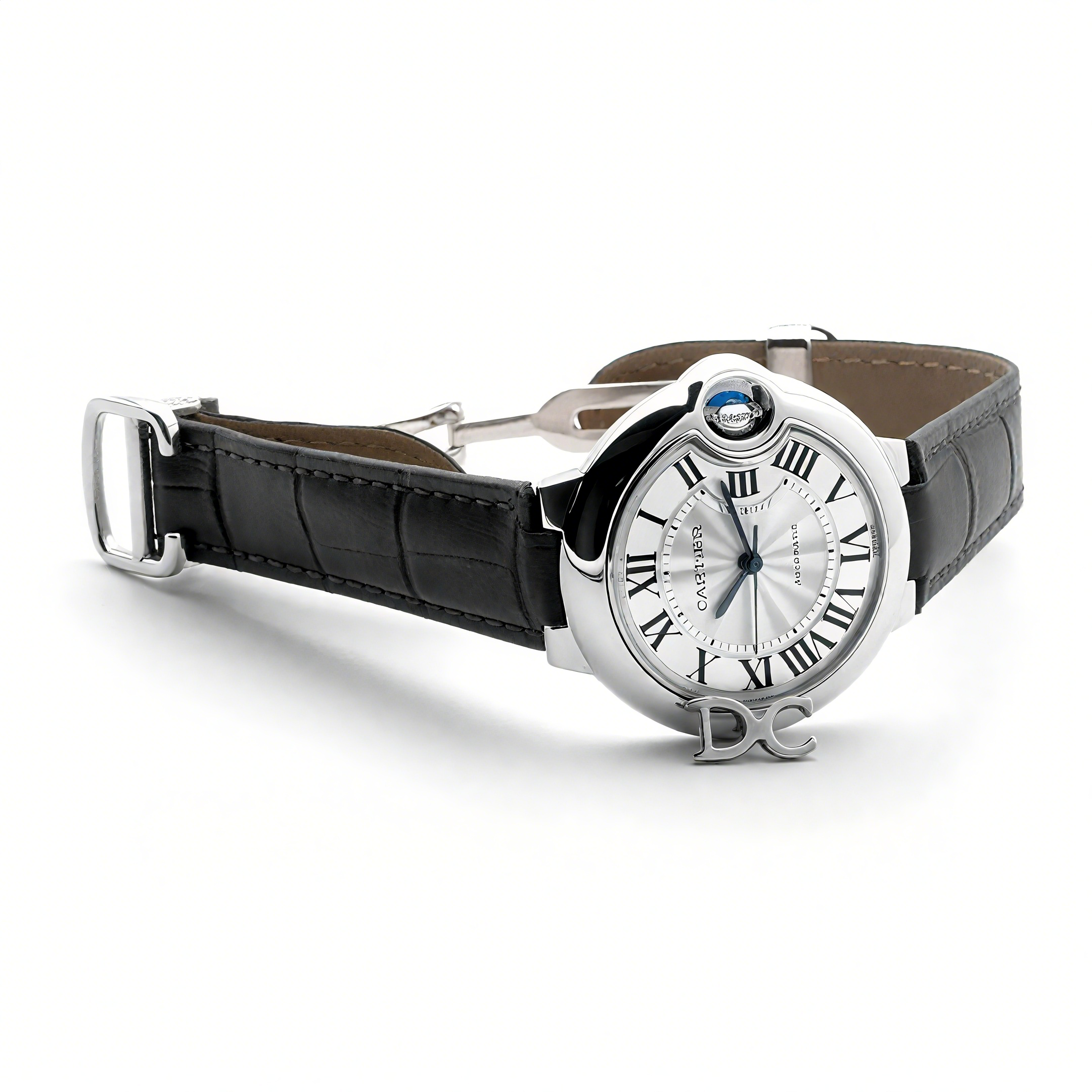 Cartier Ballon Bleu De Cartier 36mm Silver Dial in Steel on Black Leather Strap-fasswatch