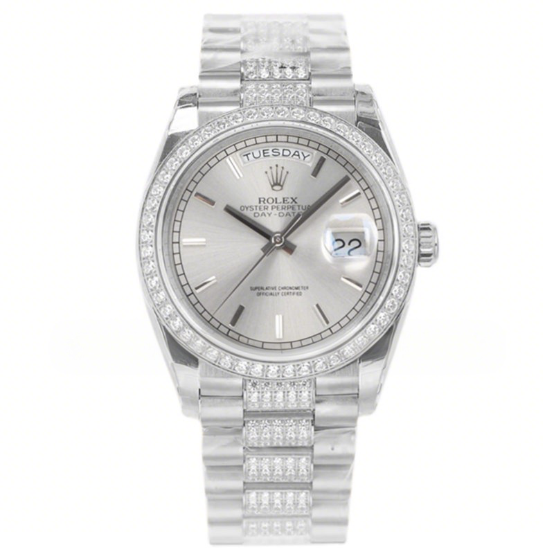 Rolex Day-Date 36 128349RBR Silver Dial with Diamond Bezel in White Gold-fasswatch