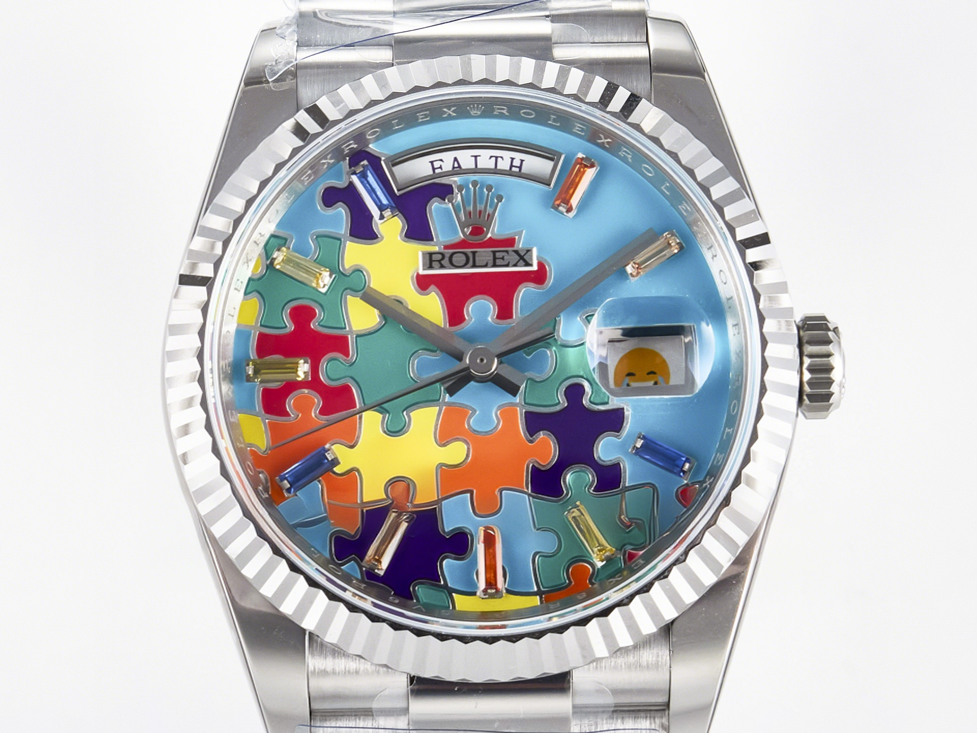 Rolex Daydate 128239 36mm Colour Jigsaw Puzzle SS QHF Best Edition Turquoise Blue Dial on SS President Bracelet A2834-fasswatch