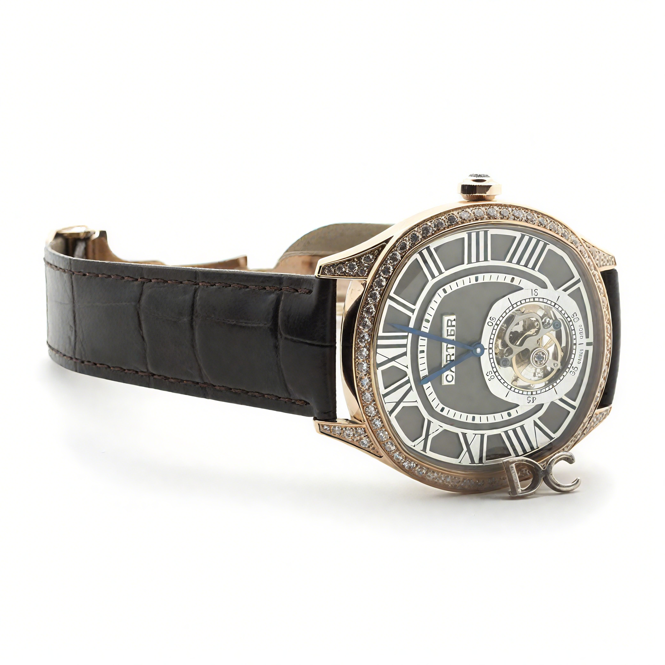 Cartier Drive de Cartier Tourbillon Grey Dial with Diamond Bezel in Rose Gold on Black Leather Strap-fasswatch