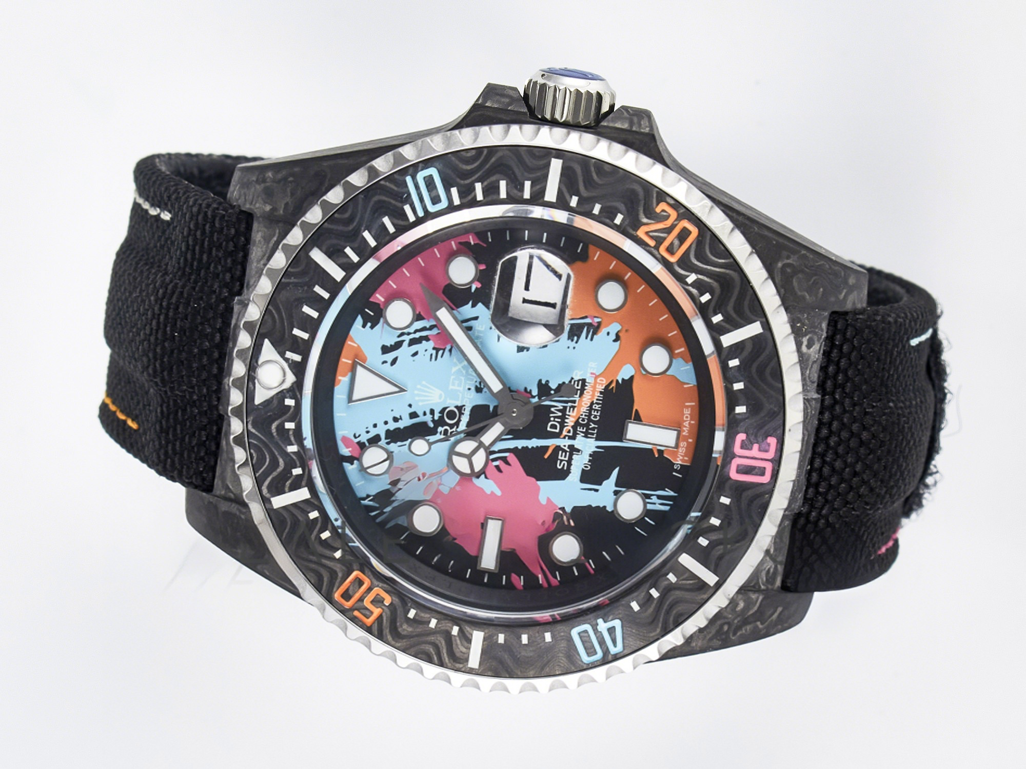 Rolex Sea Dweller 43mm Carbon DIWF Best Edition Graffiti Dial on Black Nylon Strap A2824-fasswatch