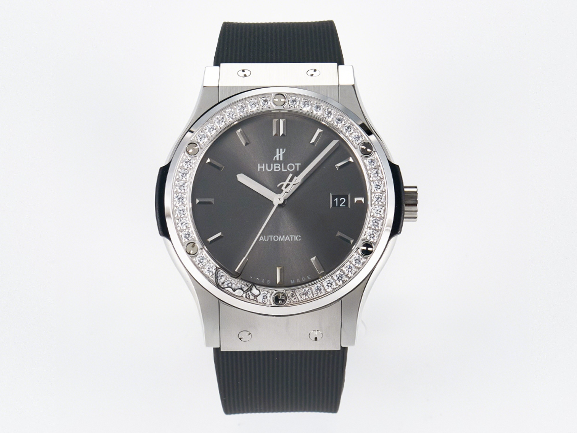 Hublot Classic Fusion Bang 42mm HBF 1:1 Best Edition Gray Dial Diamonds Bezel on Gray Rubber Strap A2892-fasswatch