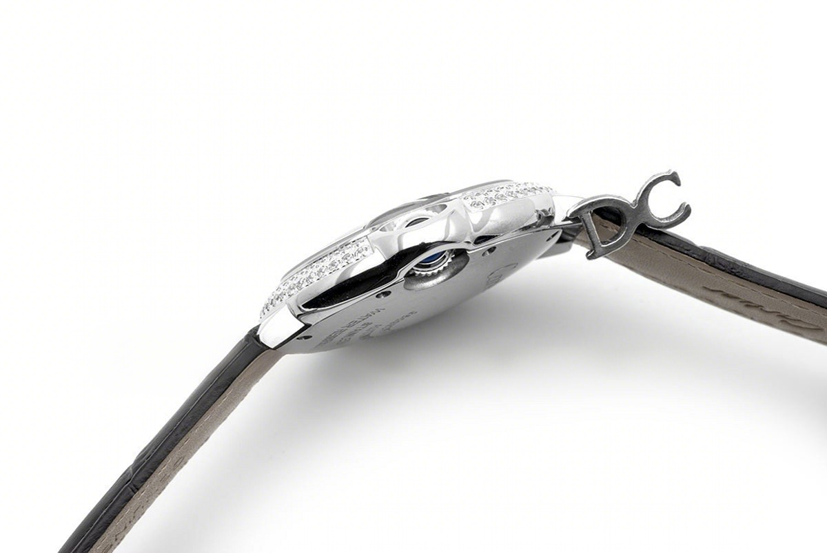 Cartier Ballon Bleu De Cartier 36mm Silver Dial with Diamond Bezel in Steel on Black Leather Strap-fasswatch