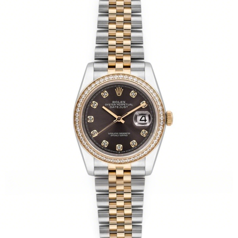 Rolex Datejust 36 126283RBR Dark Rhodium Dial in Yellow Gold and Steel with Diamond Set Bezel and Diamond Markers-fasswatch