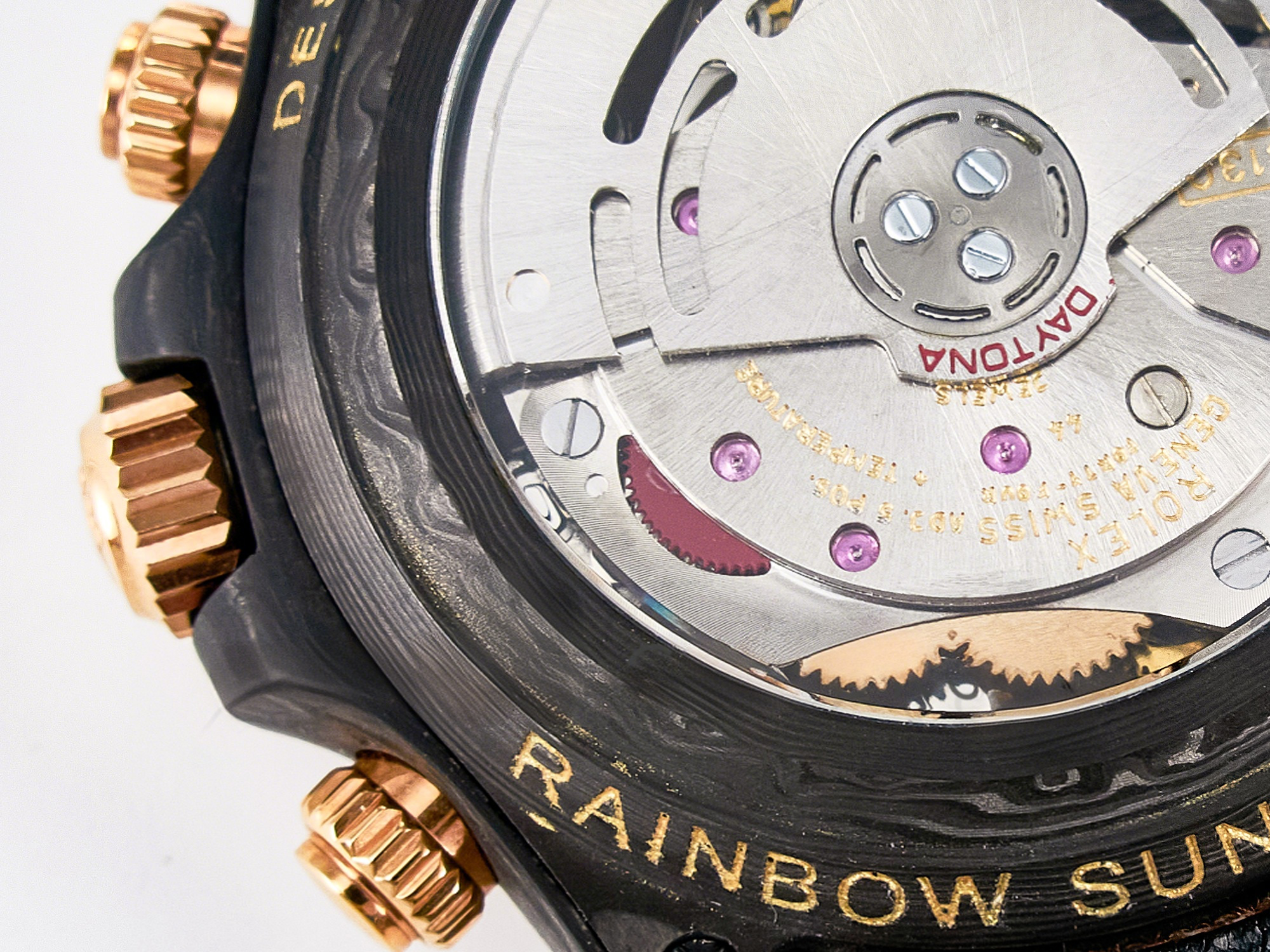 Rolex Daytona DIW Carbon Case DIWF Edition Black Dial Rainbow Diamonds Bezel on Brown Nylon Strap A7750-fasswatch