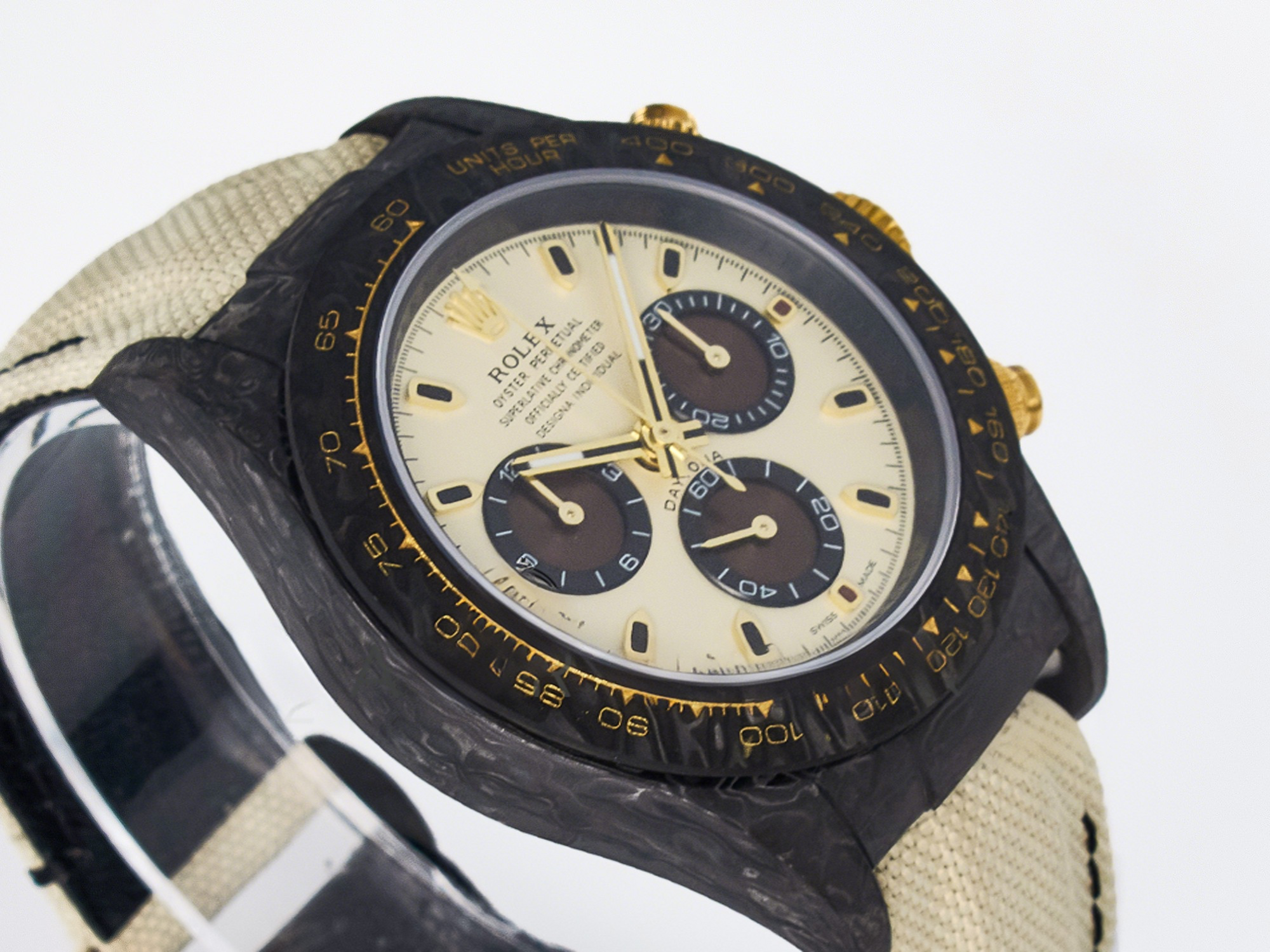 Rolex Daytona DIW Carbon Case DIWF Edition Cream/Brown Dial on White Nylon Strap A7750-fasswatch