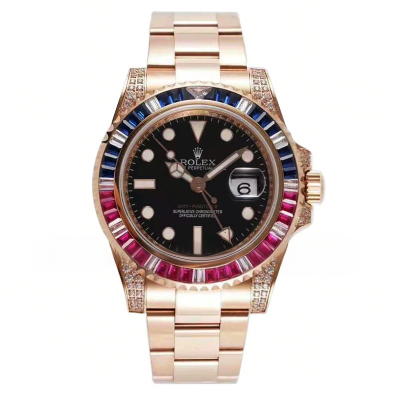 Rolex GMT Master II 116758 BLRO “Pepsi” with Paved Diamond Bezel in Rose Gold-fasswatch
