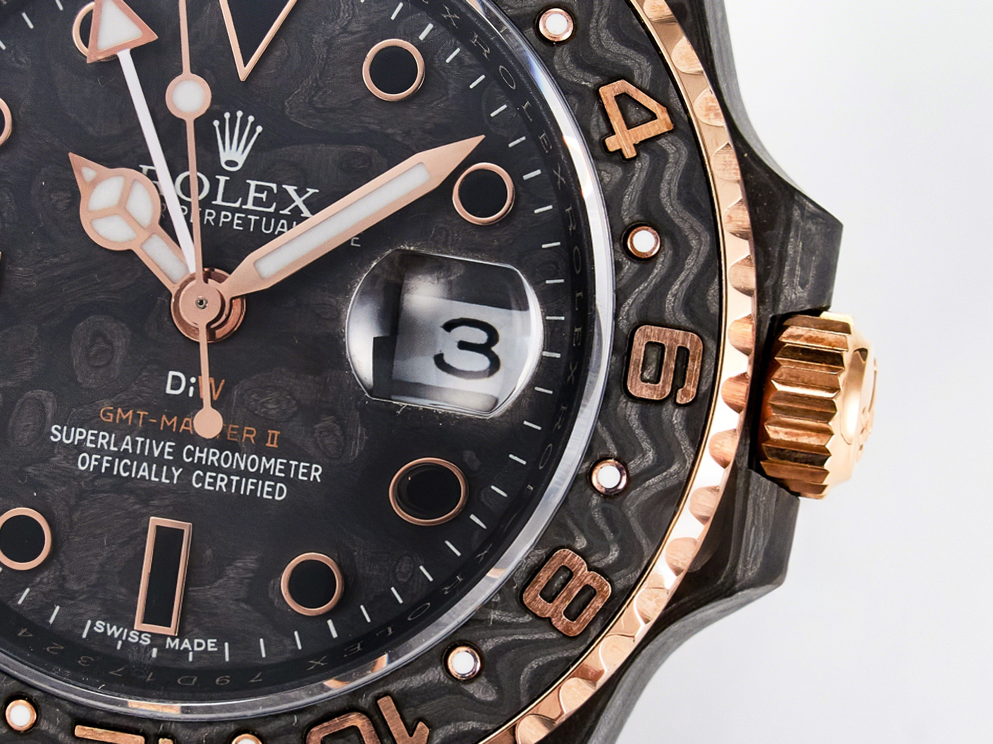 Rolex GMT Carbon DIWF Best Edition Black Carbon Dial RG Markers on Black Nylon Strap SA3186 CHS-fasswatch