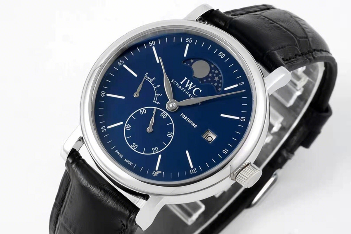 IWC Portofino Hand Wound Moon Phrase IW516405 Blue Dial in Steel-fasswatch