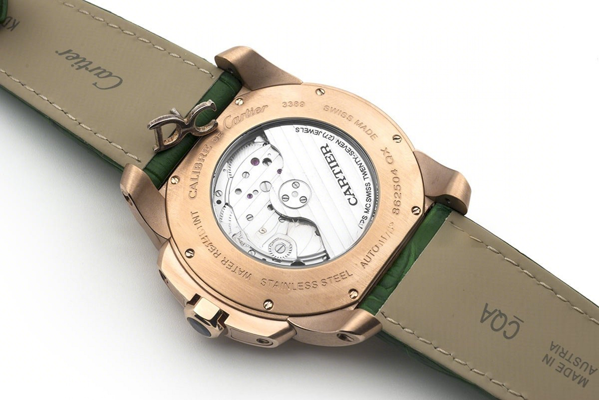 Calibre de Cartier White Dial in Rose Gold on Green Leather Strap-fasswatch