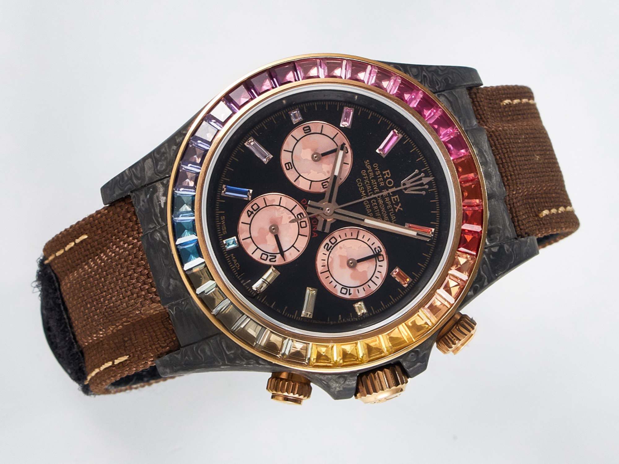 Rolex Daytona DIW Carbon Case DIWF Edition Black Dial Rainbow Diamonds Bezel on Brown Nylon Strap A7750-fasswatch
