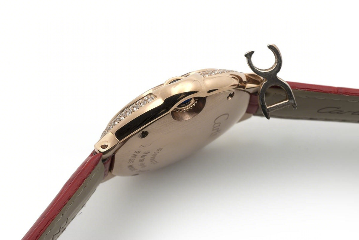 Ballon Bleu de Cartier 28mm White Dial in Gold with Diamonds on Red Leather Strap-fasswatch