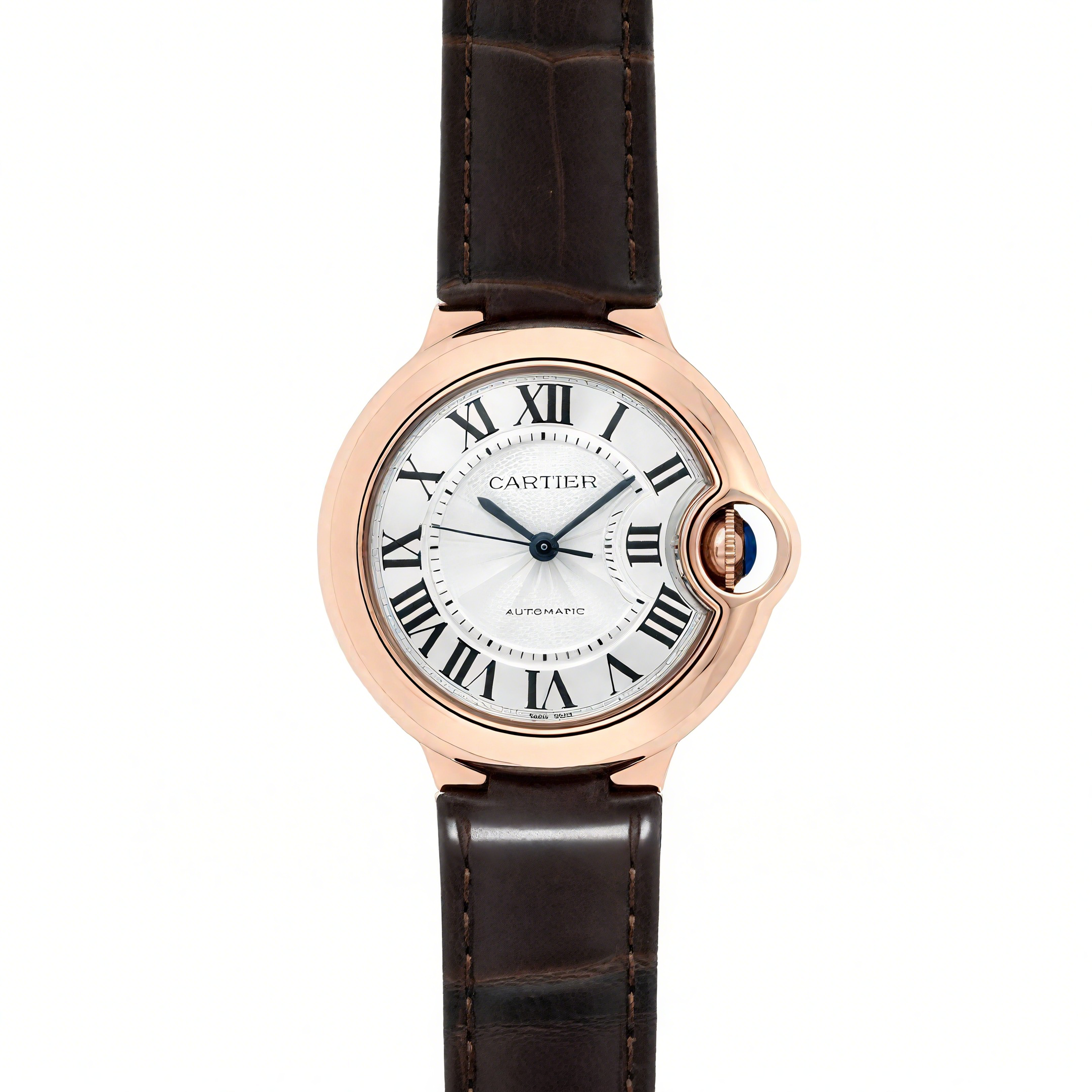 Cartier Ballon Bleu De Cartier 36mm Silver Dial in Pink Gold on Brown Leather Strap-fasswatch