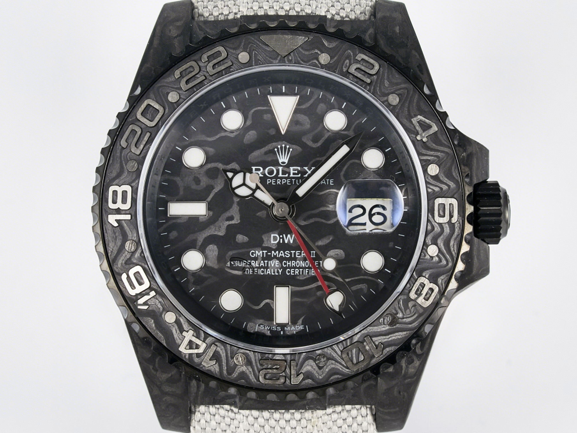 Rolex GMT Carbon DIWF Best Edition Black Carbon Dial SS Markers on White Nylon Strap SA3285 CHS V2-fasswatch