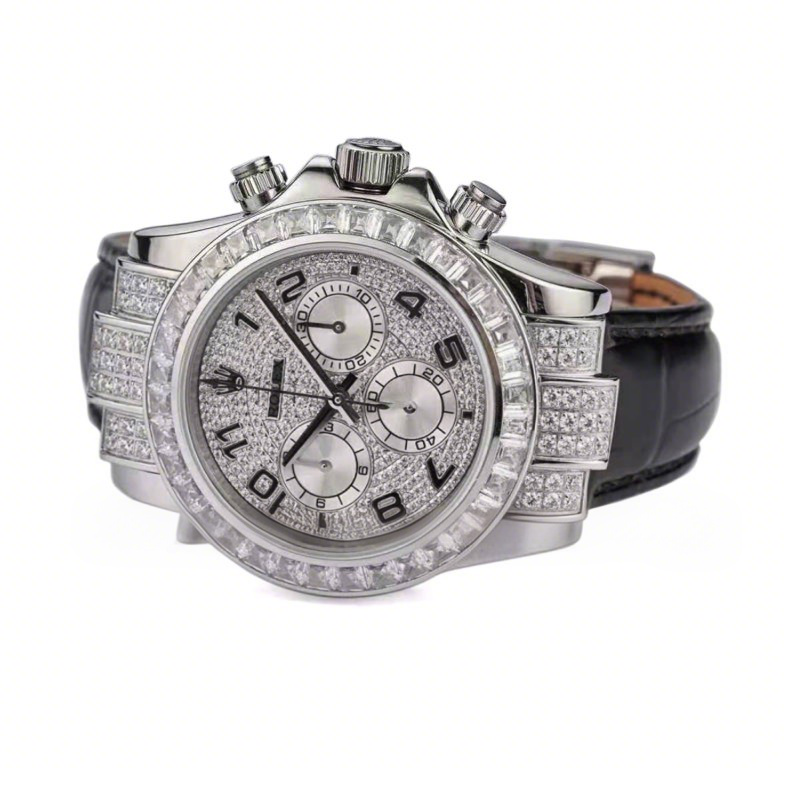 Rolex Daytona 116599 Diamond Paved Dial in White Gold on Black Leather Strap-fasswatch