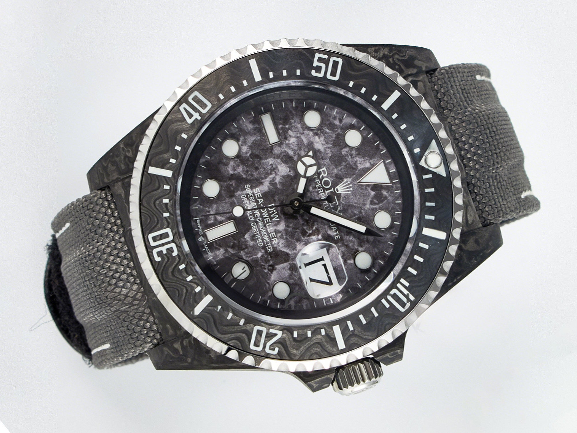 Rolex Sea Dweller 43mm Black Carbon DIWF Best Edition Gray Dial on Gray Nylon Strap A2824 V2-fasswatch