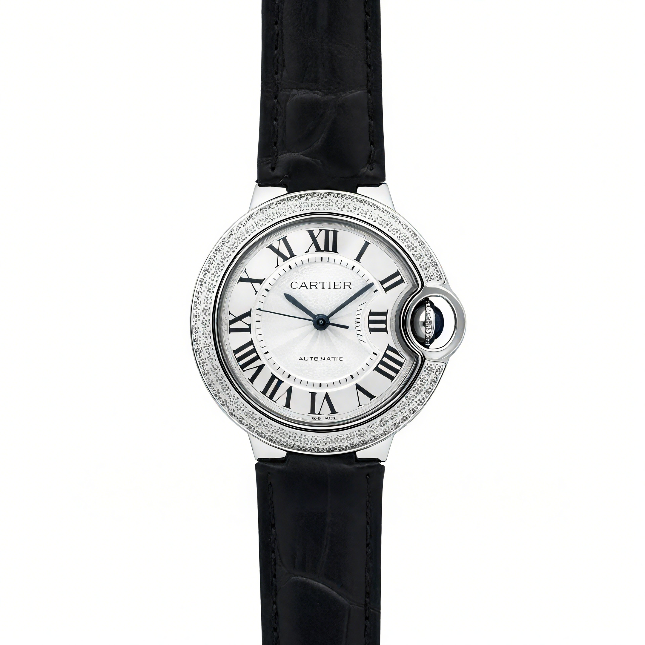Cartier Ballon Bleu De Cartier 36mm Silver Dial with Diamond Bezel in Steel on Black Leather Strap-fasswatch
