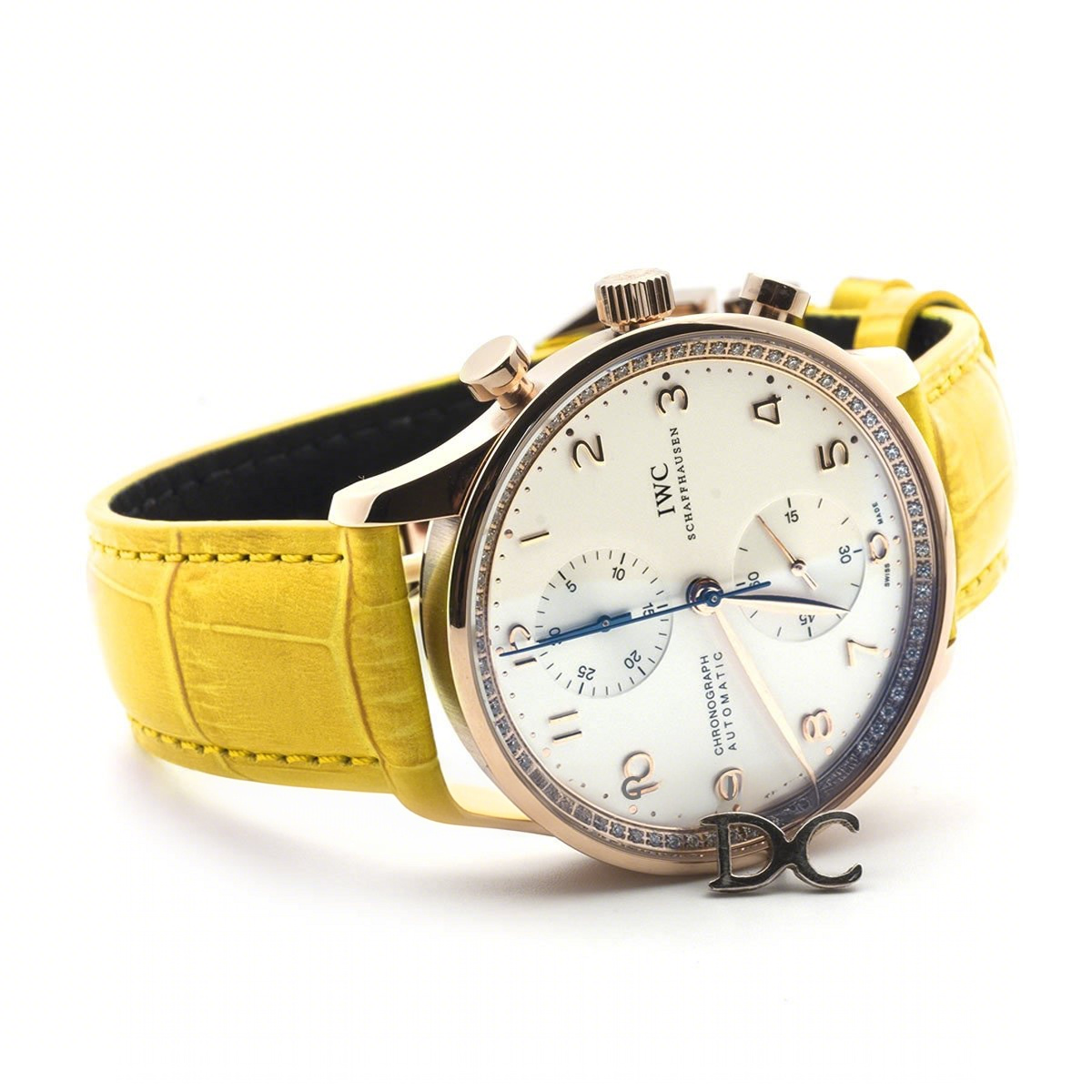 IWC Portugieser Chronograph Automatic White Dial in Rose Gold on Yellow Leather Strap-fasswatch