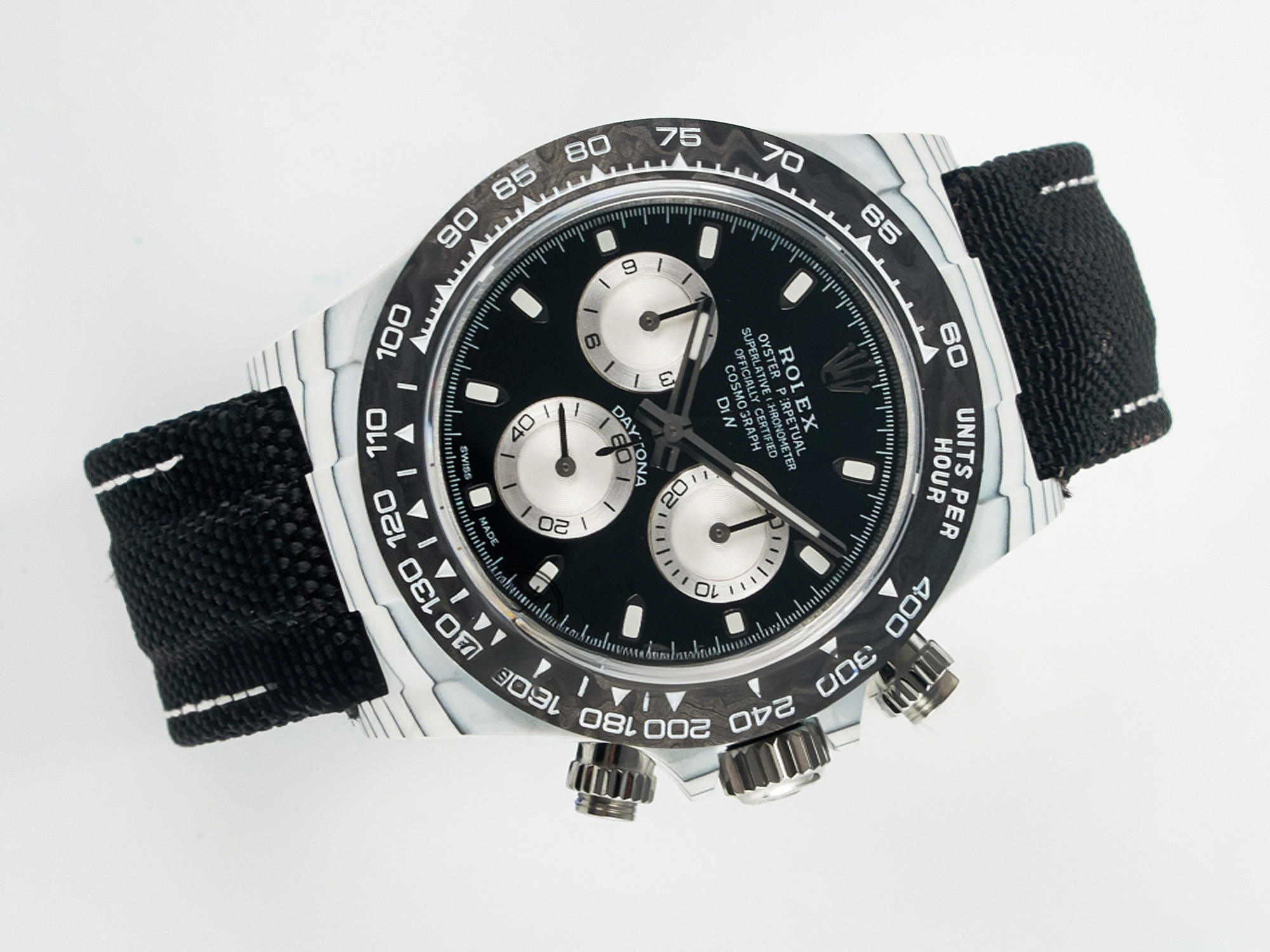 Rolex Daytona DIW White Carbon Case N6F Edition Black/White Dial on Black Nylon Strap A4130-fasswatch