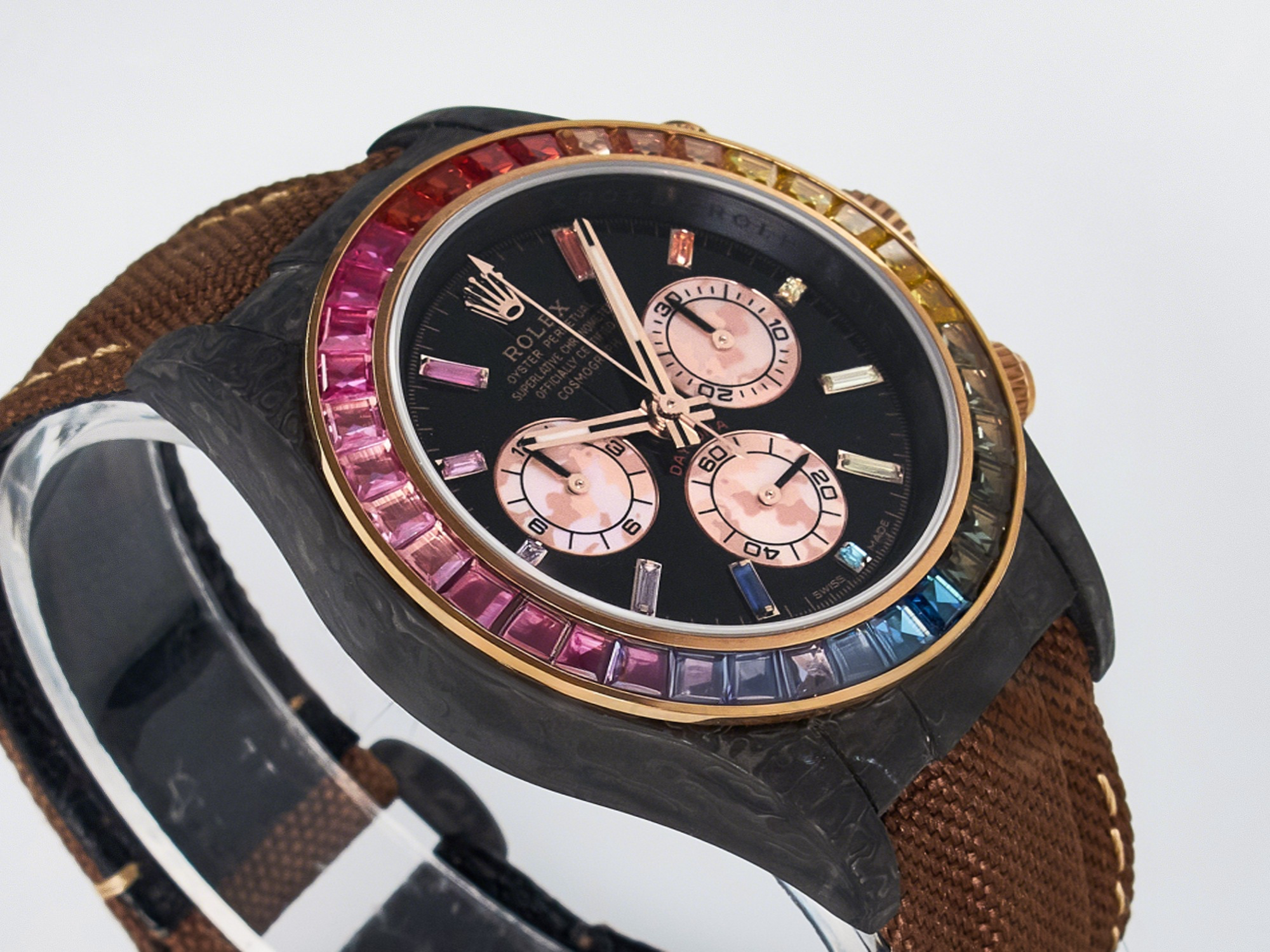 Rolex Daytona DIW Carbon Case DIWF Edition Black Dial Rainbow Diamonds Bezel on Brown Nylon Strap A7750-fasswatch