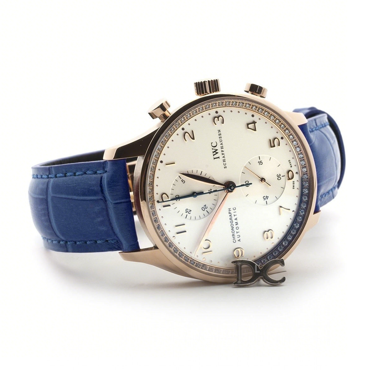 IWC Portugieser Chronograph Automatic White Dial in Rose Gold on Blue Leather Strap-fasswatch