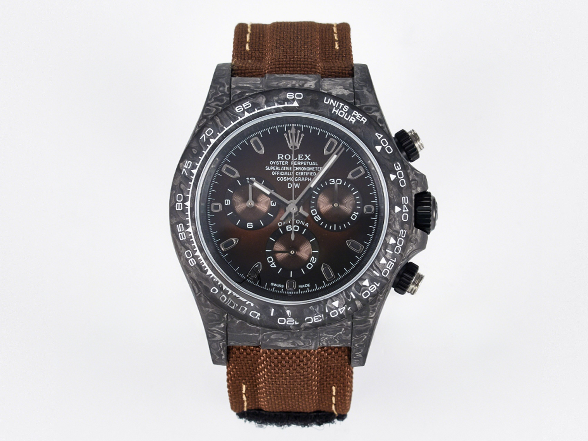 Rolex Daytona DIW Carbon/SS Case and Bezel DIWF Edition Brown Dial on Brown Nylon Strap A7750-fasswatch