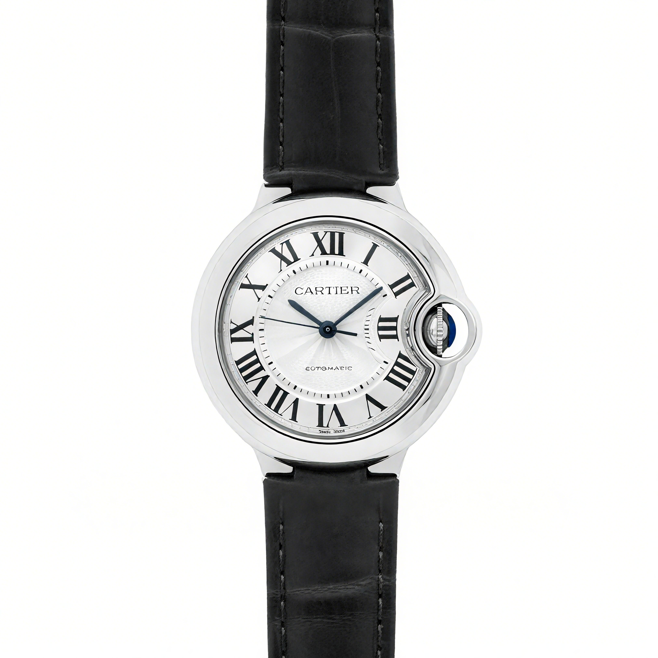 Cartier Ballon Bleu De Cartier 36mm Silver Dial in Steel on Black Leather Strap-fasswatch