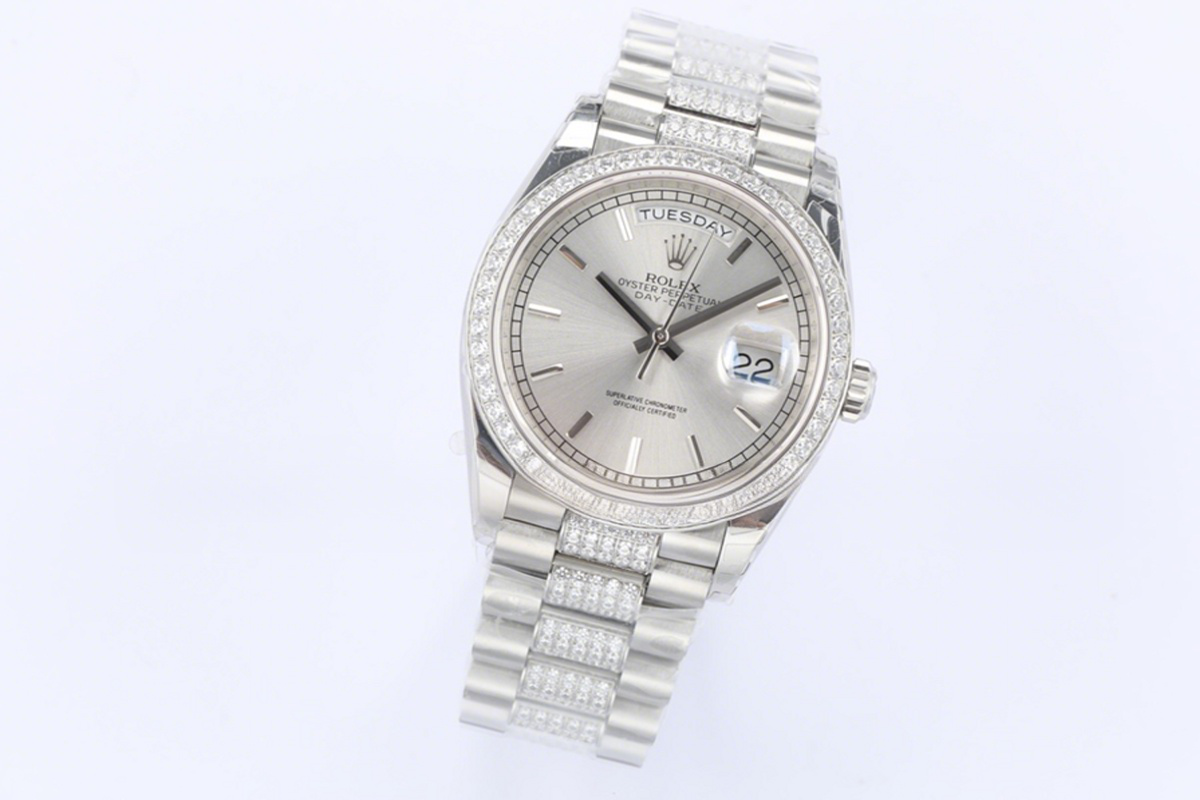Rolex Day-Date 36 128349RBR Silver Dial with Diamond Bezel in White Gold-fasswatch