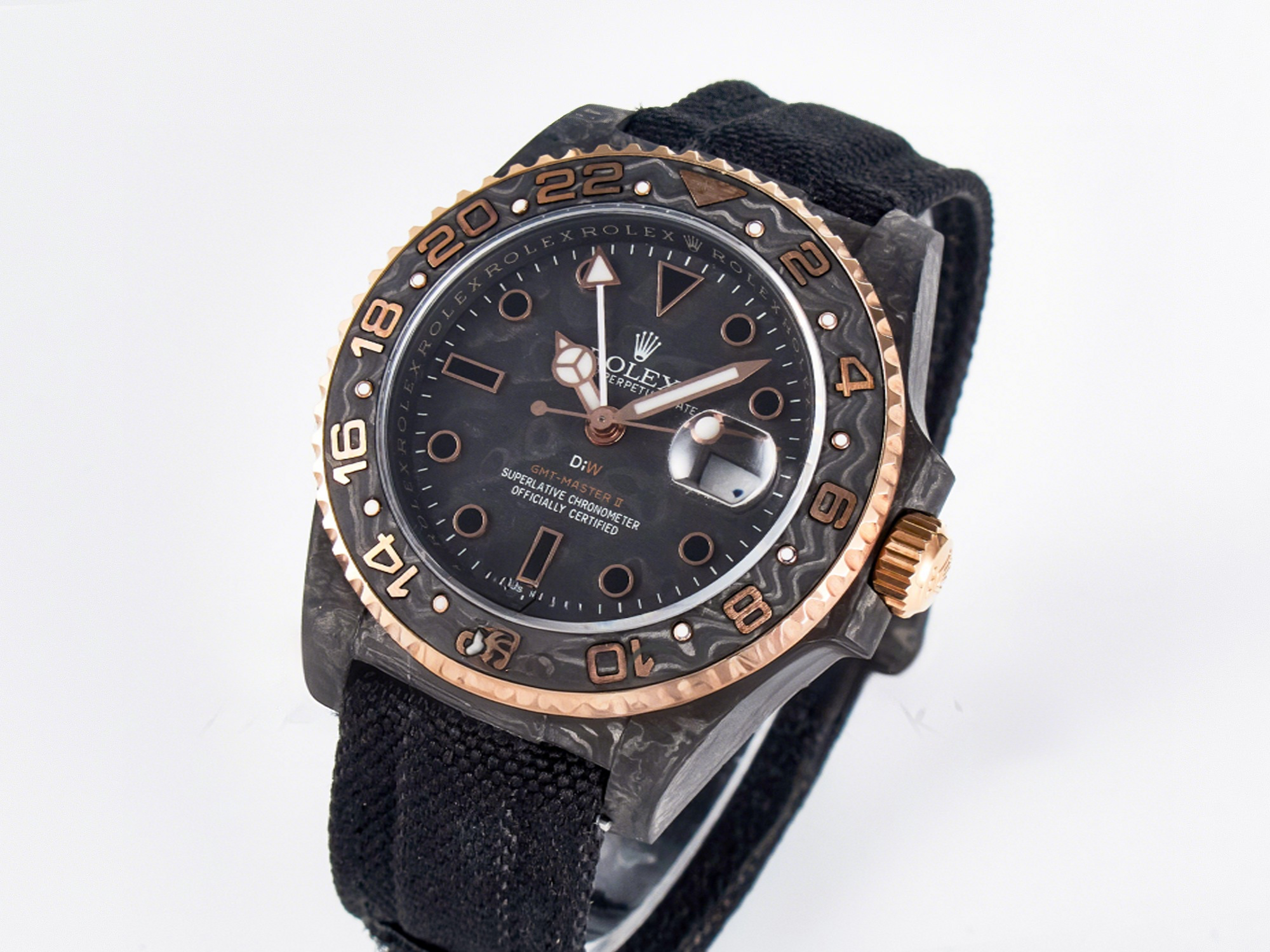 Rolex GMT Carbon DIWF Best Edition Black Carbon Dial RG Markers on Black Nylon Strap SA3186 CHS-fasswatch