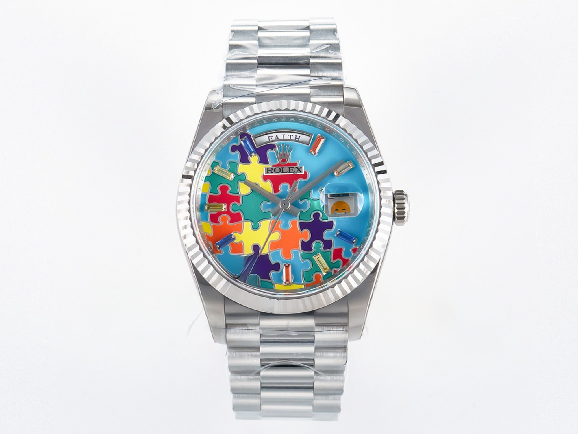 Rolex Daydate 128239 36mm Colour Jigsaw Puzzle SS QHF Best Edition Turquoise Blue Dial on SS President Bracelet A2834-fasswatch