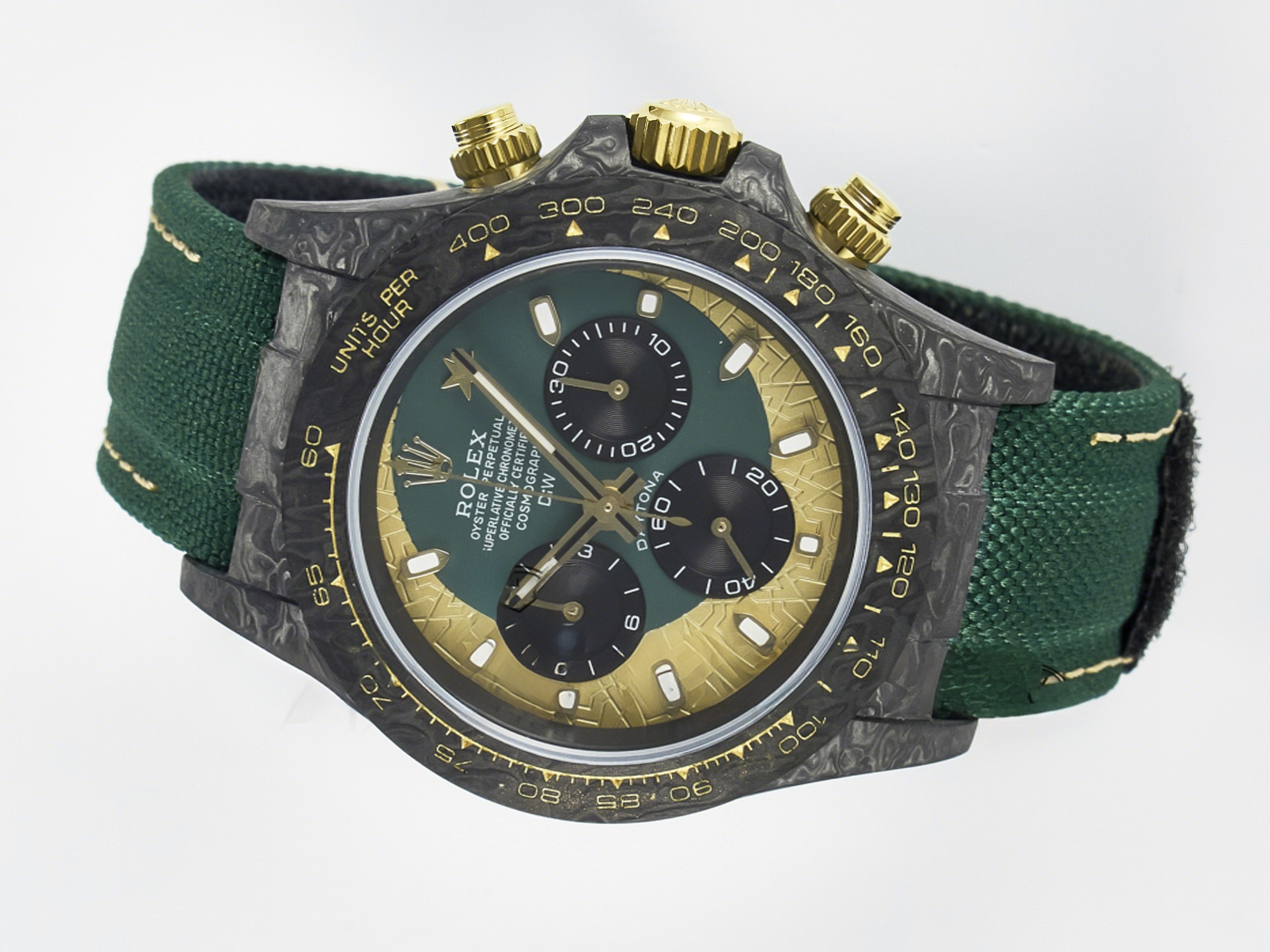 Rolex Daytona DIW Carbon Case and Bezel DIWF Edition Green/YG Dial on Green Nylon Strap A7750-fasswatch