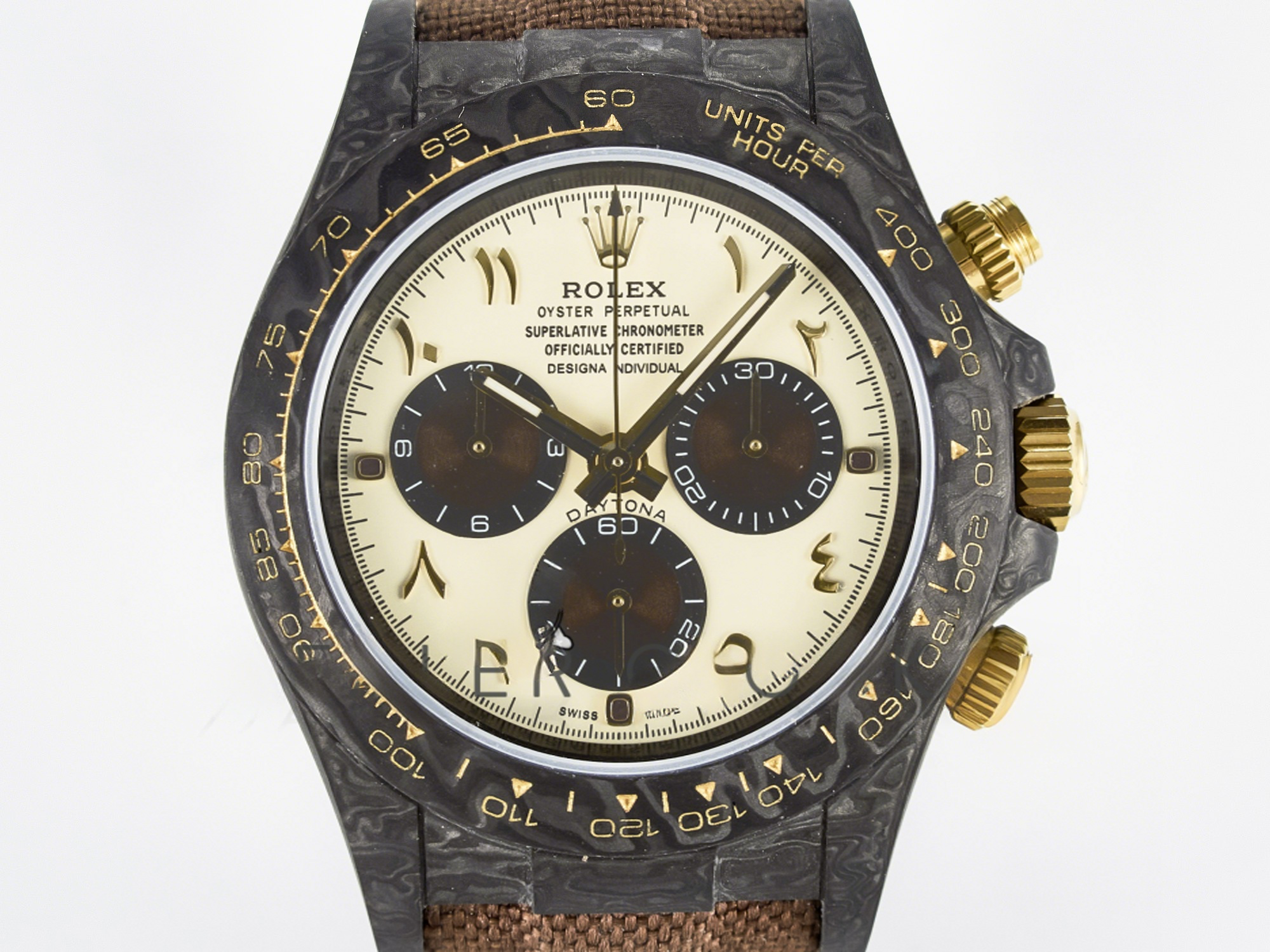 Rolex Daytona DIW Carbon Case and Bezel DIWF Edition Yellow Arabic Dial on Brown Nylon Strap A7750-fasswatch