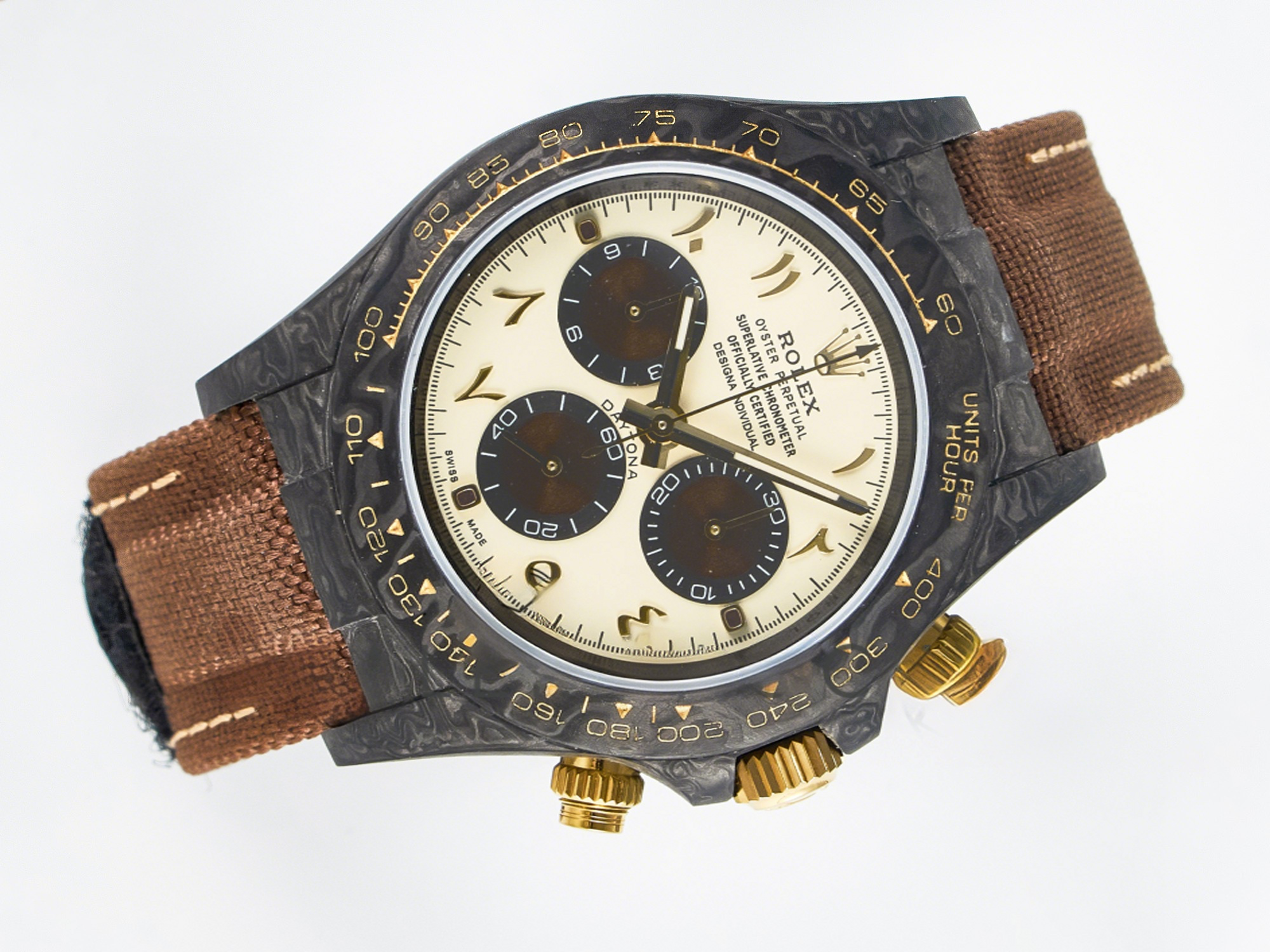 Rolex Daytona DIW Carbon Case and Bezel DIWF Edition Yellow Arabic Dial on Brown Nylon Strap A7750-fasswatch