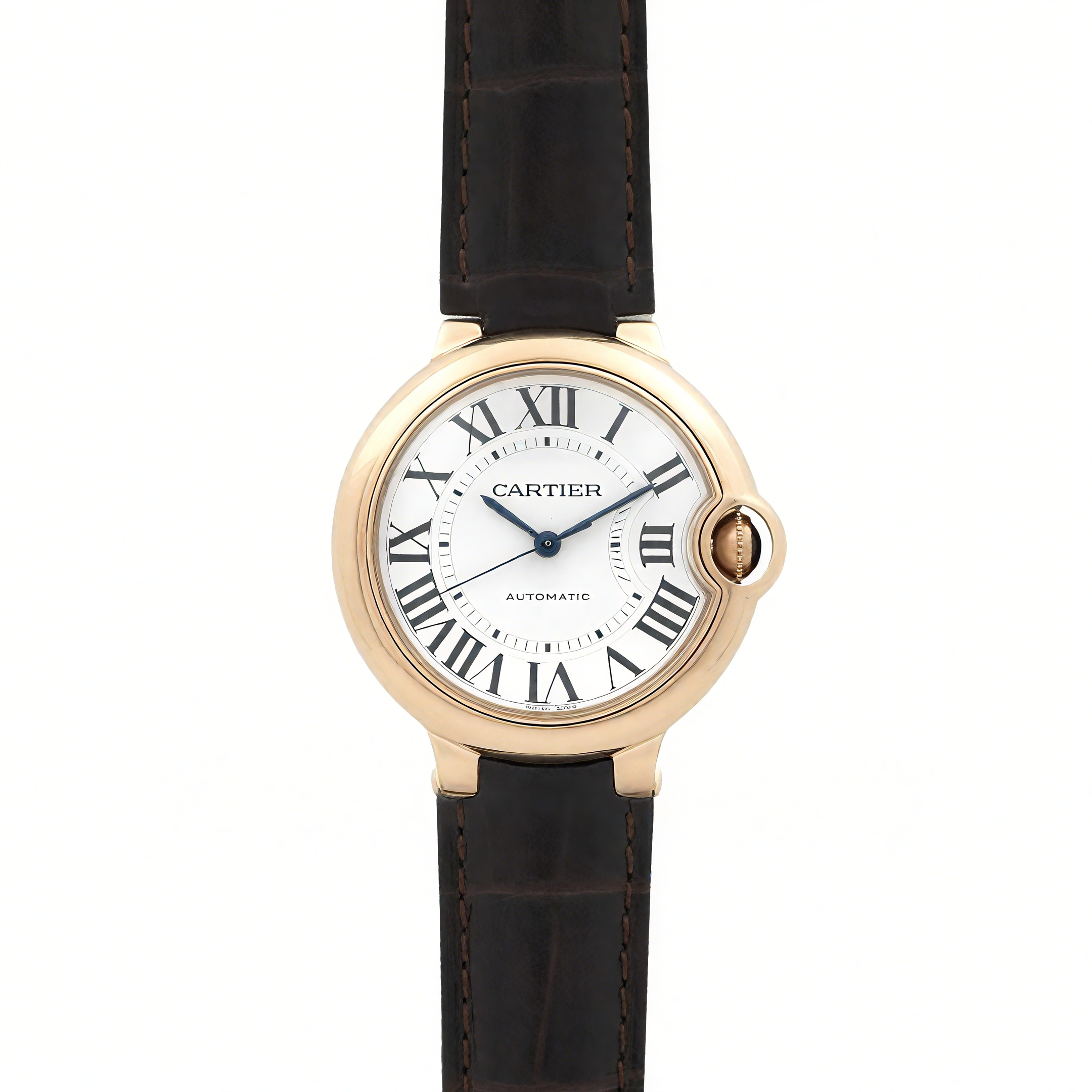 Ballon Bleu de Cartier 36mm White Dial in Rose Gold on Brown Leather Strap-fasswatch