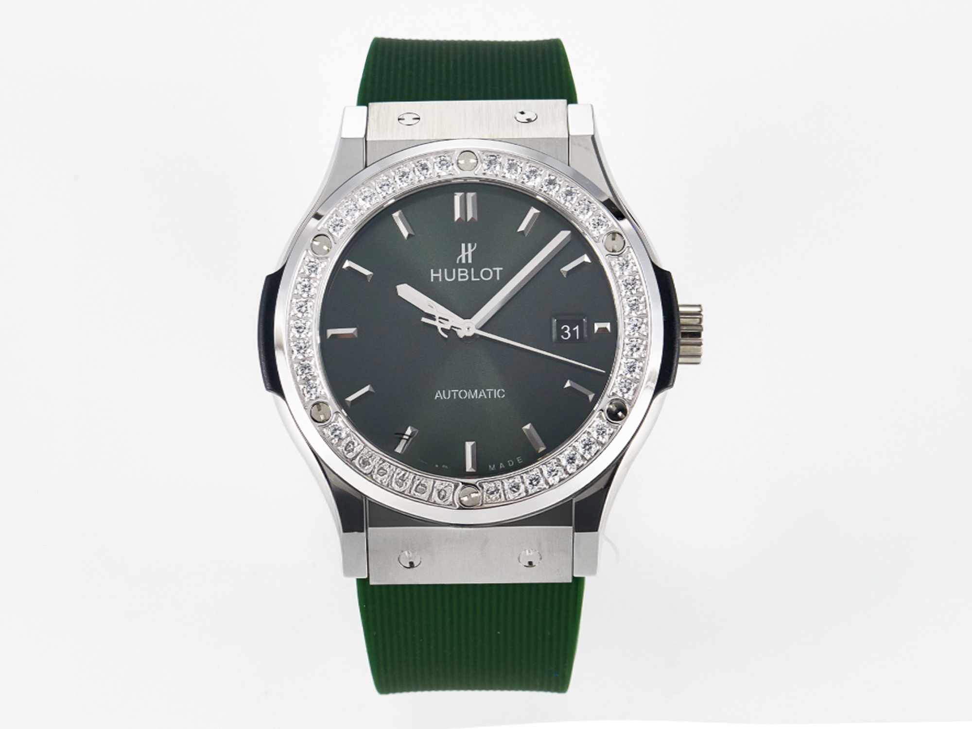 Hublot Classic Fusion Bang 42mm HBF 1:1 Best Edition Green Dial Diamonds Bezel on Green Rubber Strap A2892-fasswatch