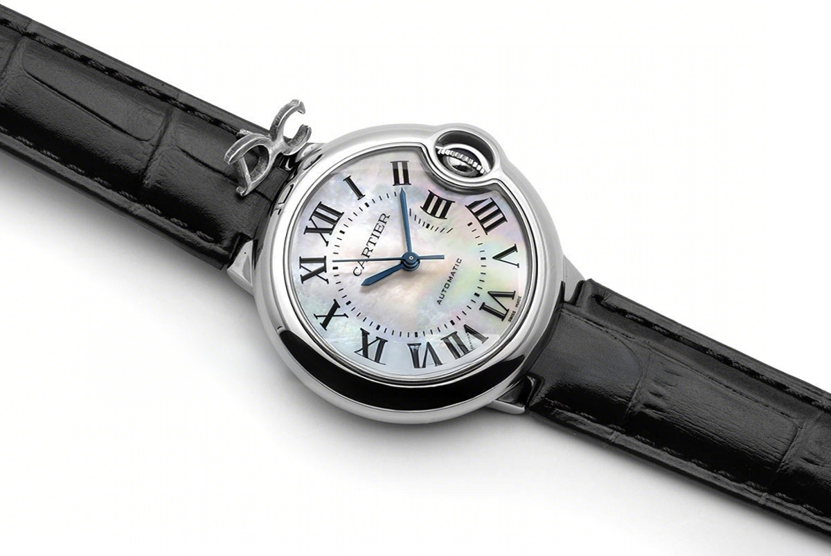 Cartier Ballon Bleu De Cartier 33mm White Mother Of Pearl Dial in Steel on Black Leather Strap-fasswatch