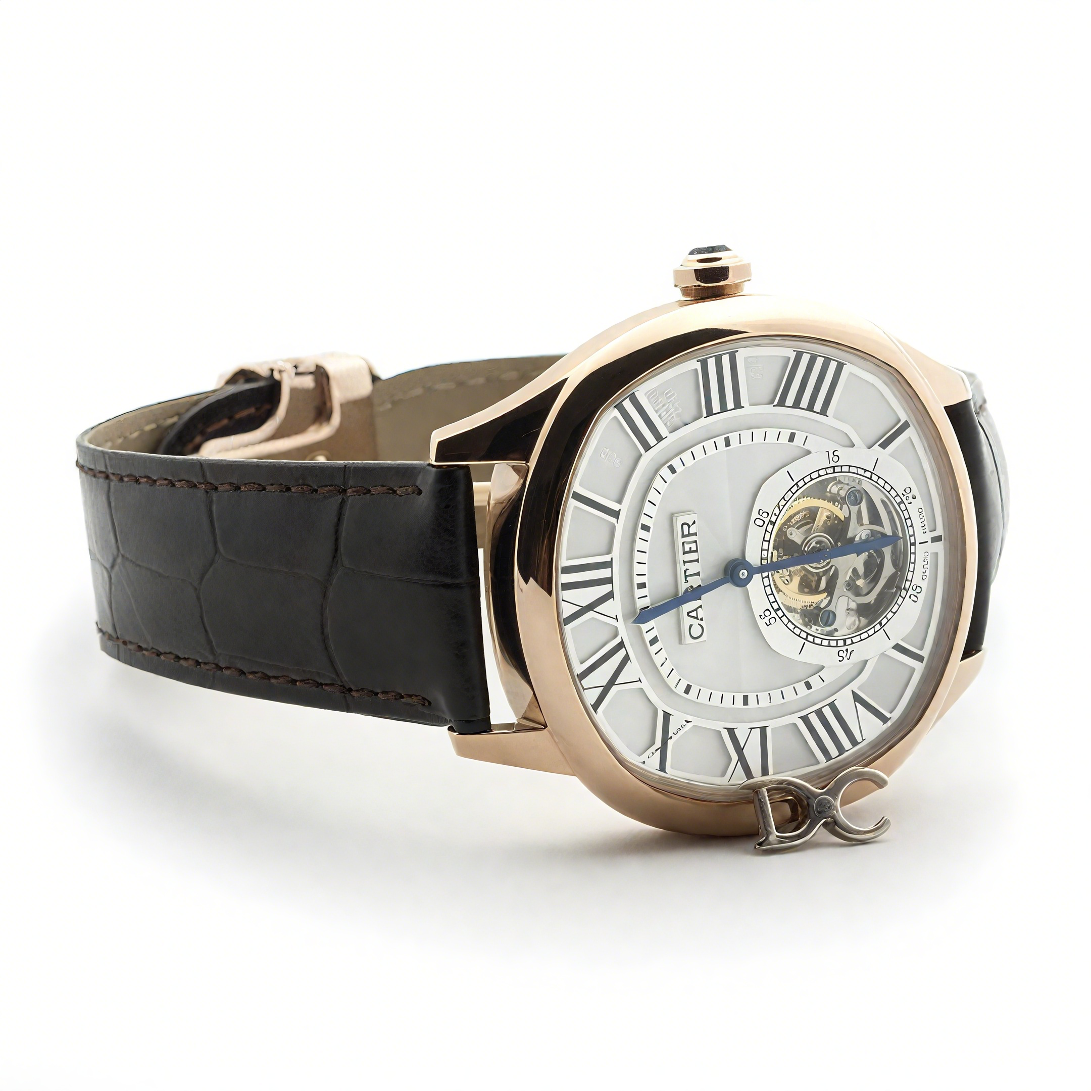 Cartier Drive de Cartier Tourbillon White Dial in Rose Gold on Black Leather Strap-fasswatch