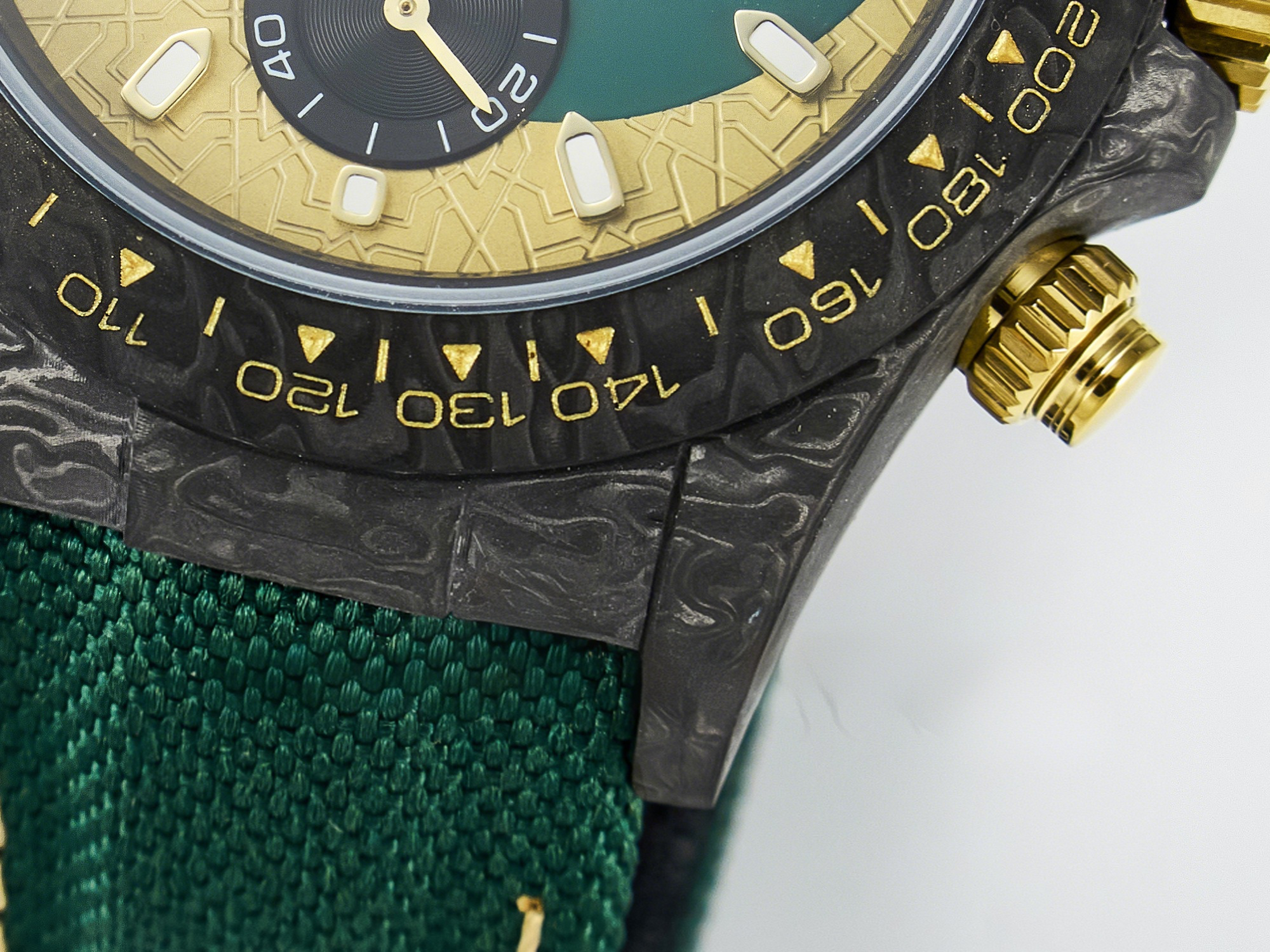 Rolex Daytona DIW Carbon Case and Bezel DIWF Edition Green/YG Dial on Green Nylon Strap A7750-fasswatch