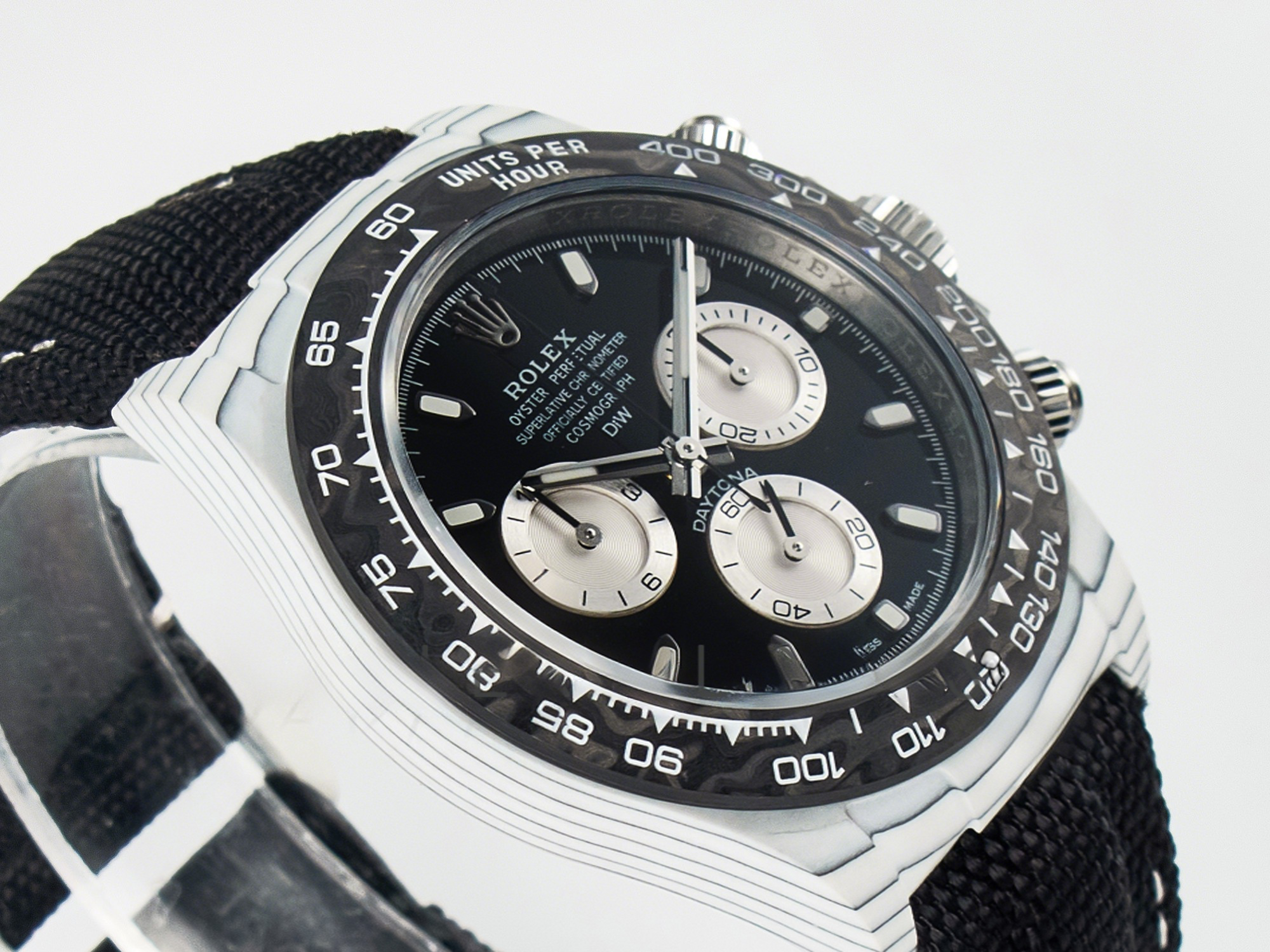 Rolex Daytona DIW White Carbon Case N6F Edition Black/White Dial on Black Nylon Strap A4130-fasswatch