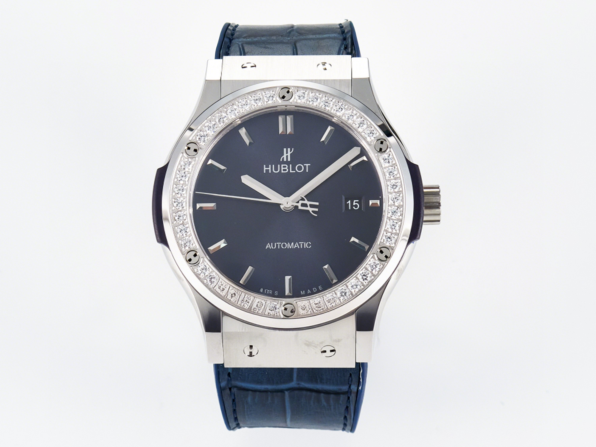 Hublot Classic Fusion Bang 42mm HBF 1:1 Best Edition Blue Dial Diamonds Bezel on Blue Leather Strap A2892-fasswatch