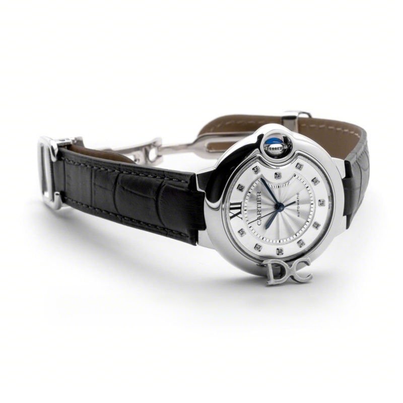 Cartier Ballon Bleu De Cartier 33mm Silver Dial with Diamond Markers in Steel on Black Leather Strap-fasswatch