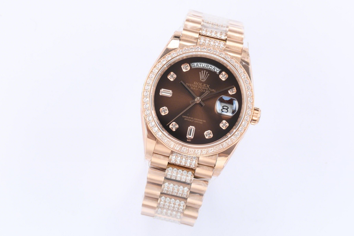 Rolex Day-Date 36 128345RBR Brown Dial with Diamond Bezel in Everose Gold-fasswatch