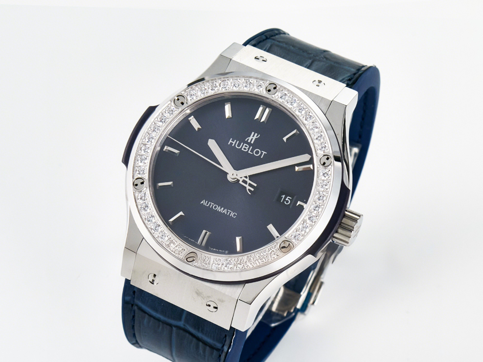 Hublot Classic Fusion Bang 42mm HBF 1:1 Best Edition Blue Dial Diamonds Bezel on Blue Leather Strap A2892-fasswatch