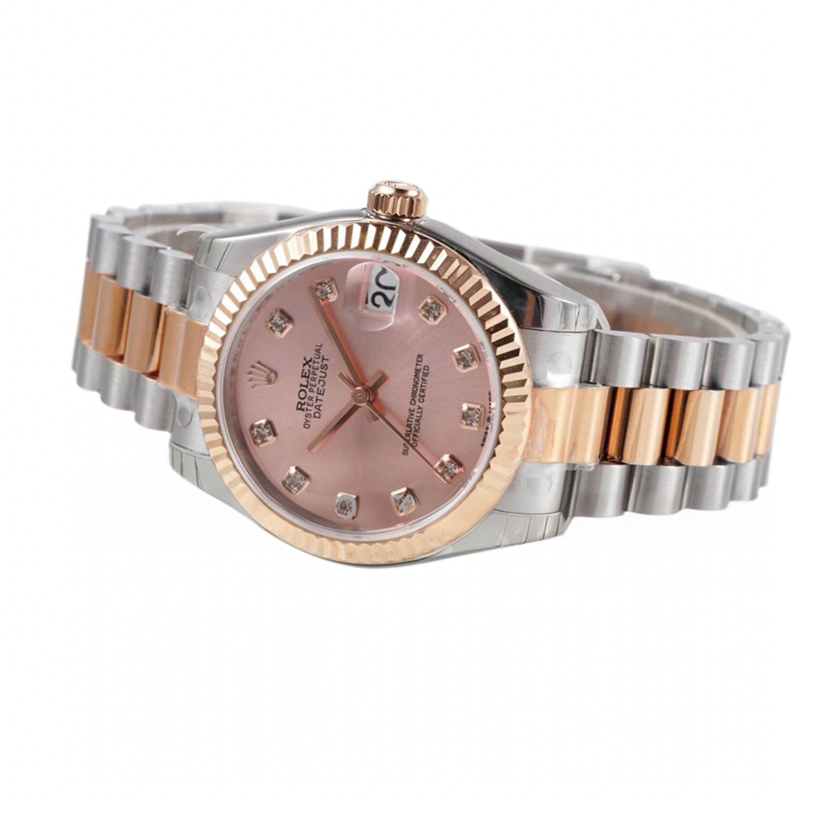 Rolex Datejust 31 Rose Dial Diamond Markers in Everose Gold/Steel on President Bracelet-fasswatch