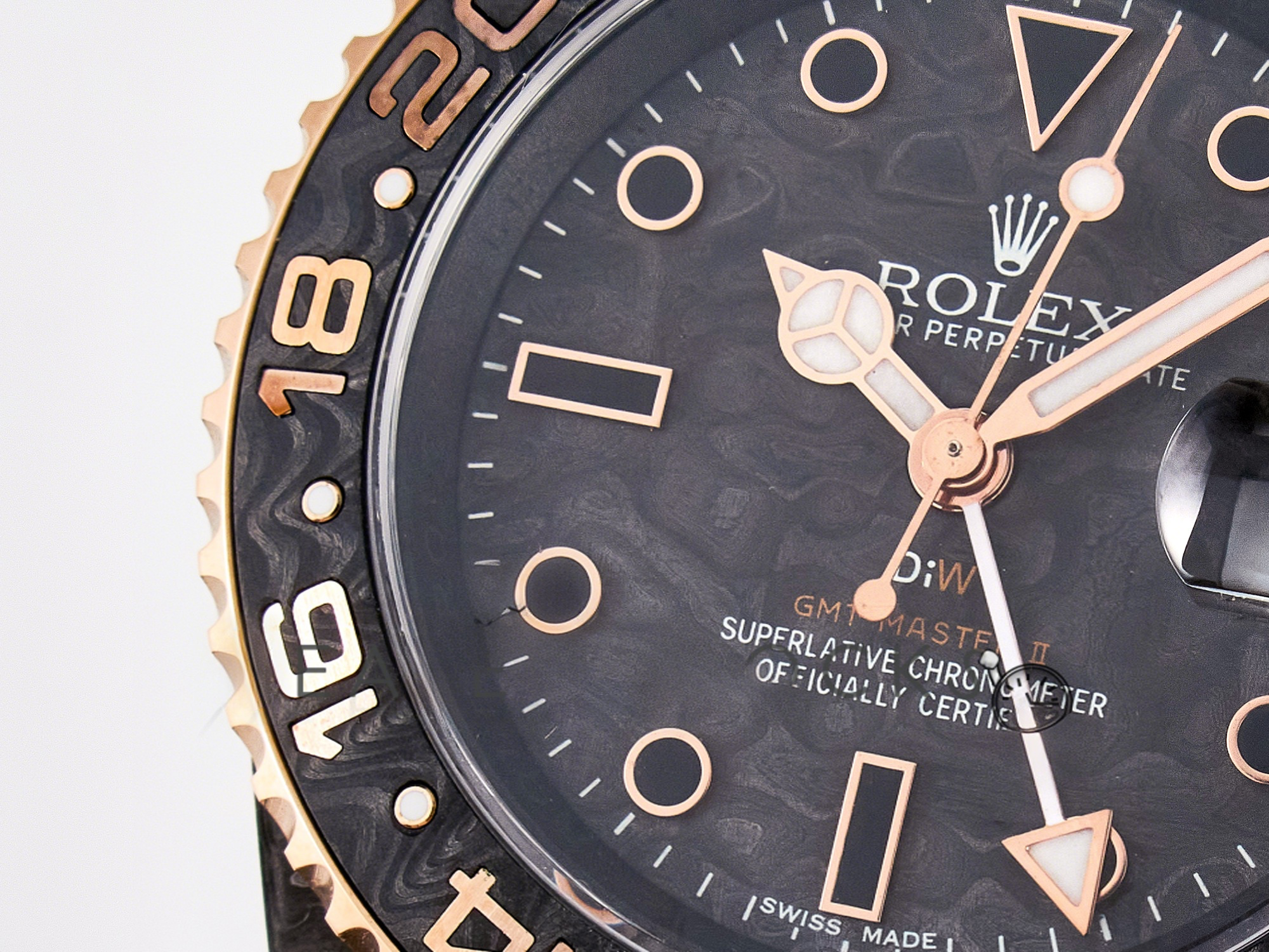 Rolex GMT Carbon DIWF Best Edition Black Carbon Dial RG Markers on Beige Nylon Strap SA3186 CHS-fasswatch