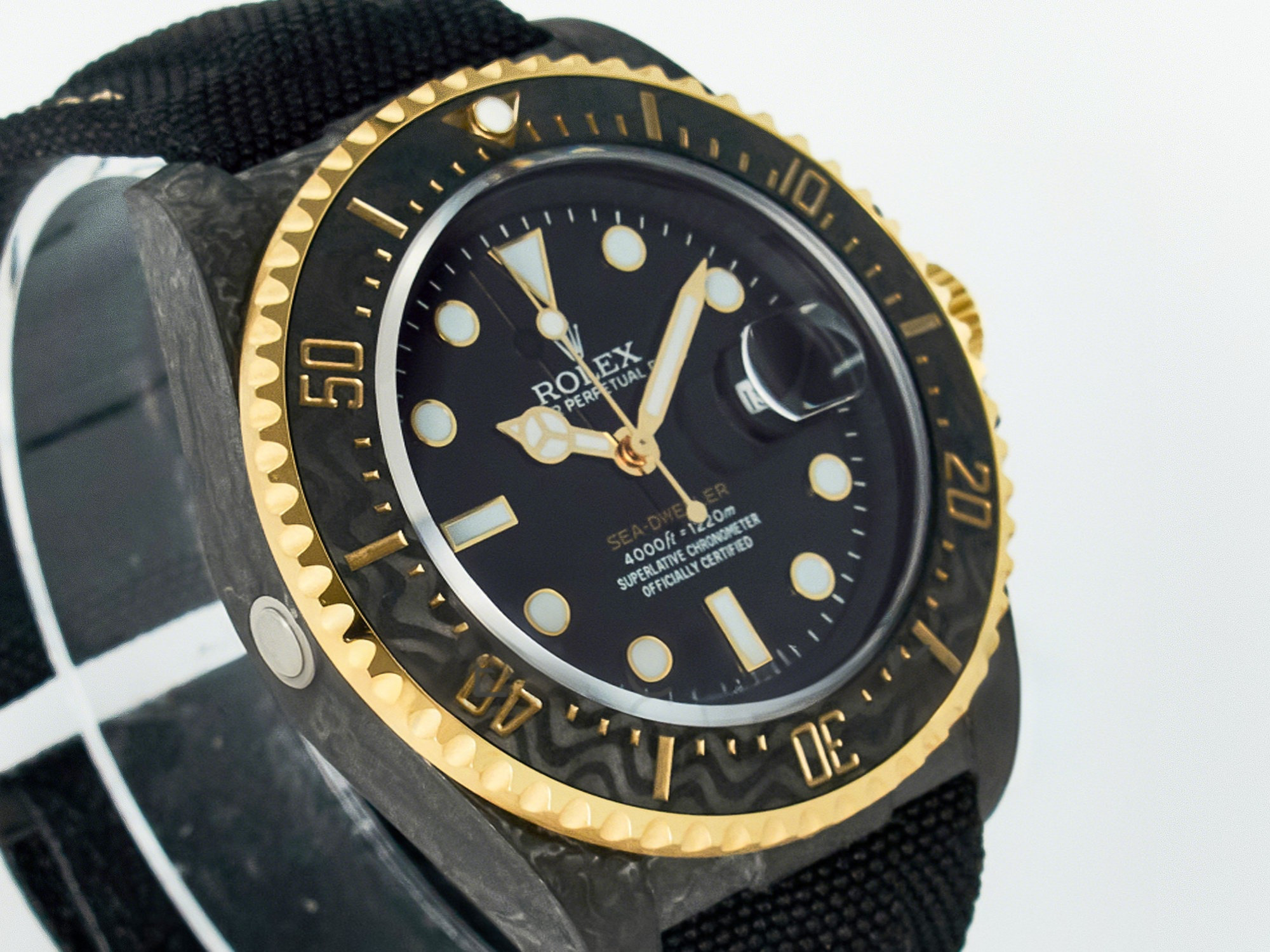 Rolex Sea Dweller 43mm Carbon DIWF Best Edition Black Dial YG Bezel on Black Nylon Strap A2824-fasswatch