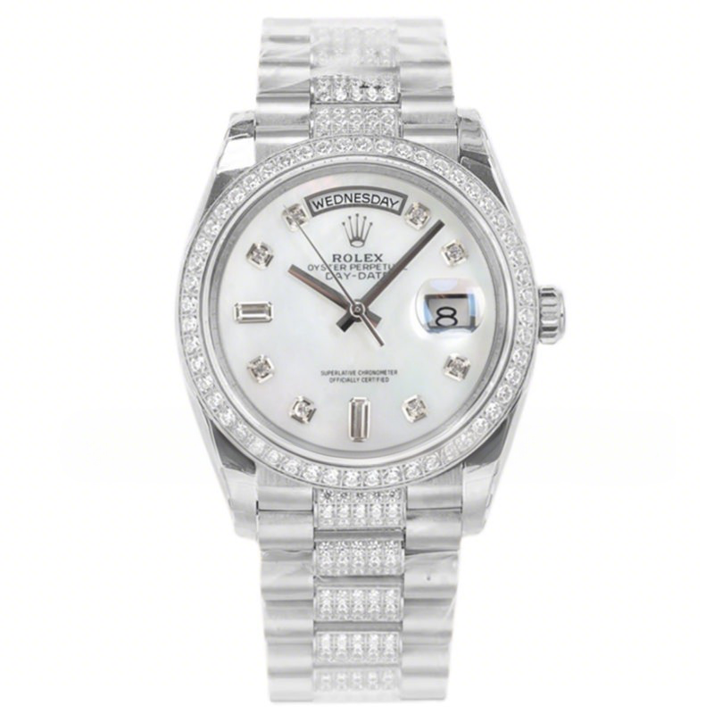 Rolex Day-Date 36 128349RBR MOP Dial with Diamond Bezel in White Gold-fasswatch