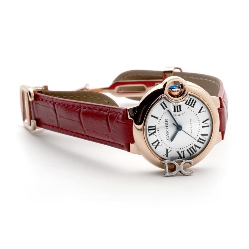 Cartier Ballon Bleu De Cartier 36mm White Dial in Pink Gold on Red Leather Strap-fasswatch