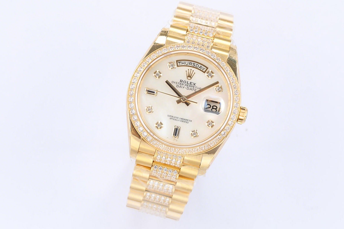 Rolex Day-Date 36 128348RBR MOP Dial with Diamond Bezel in Yellow Gold-fasswatch